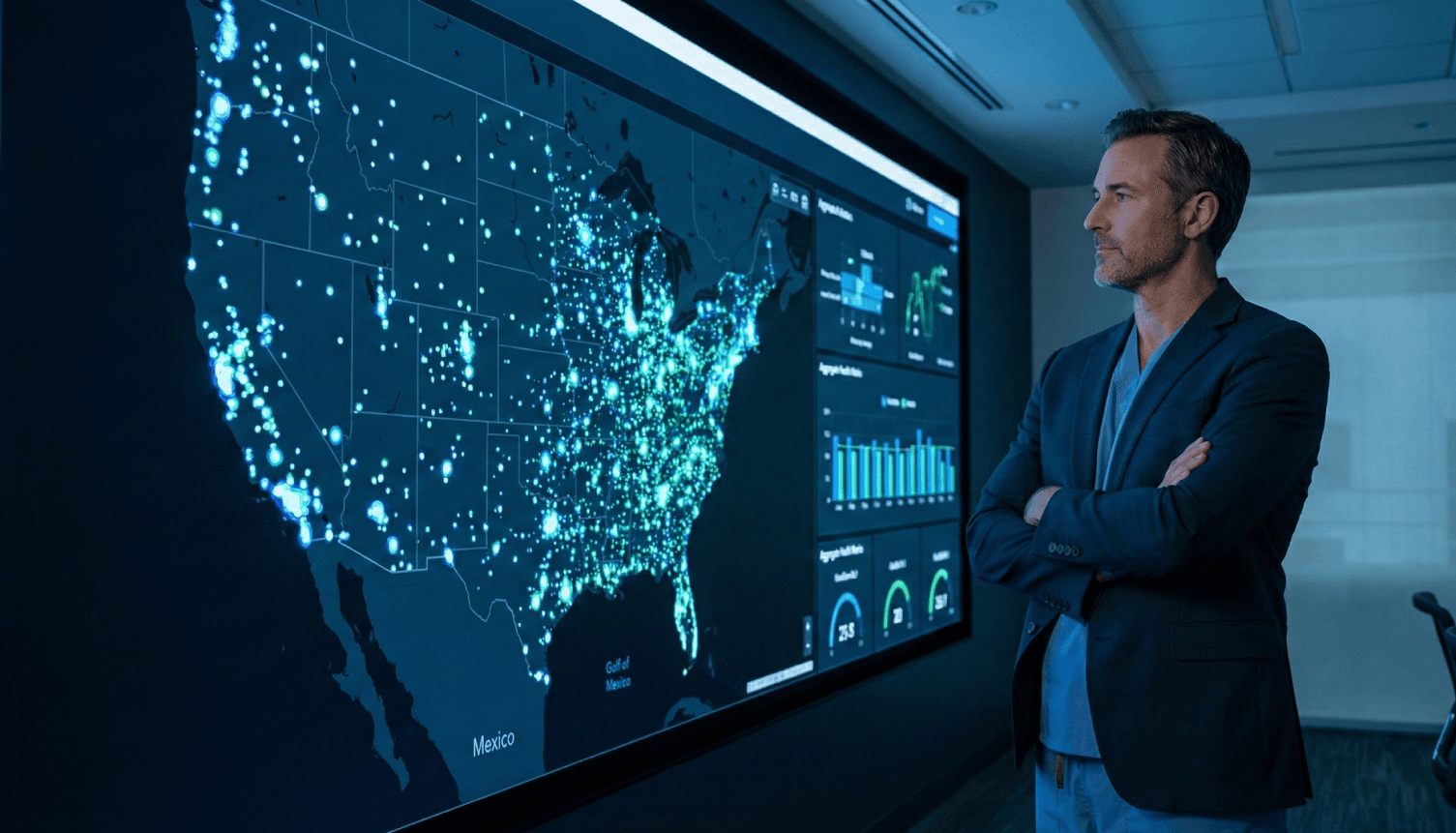 Healthcare administrator monitors remote care nodes